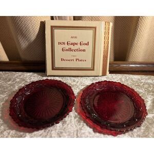 Avon 1876 Cape Cod 7 1/2" Dessert Plates Ruby Red Glass Set of 2 W/ Box